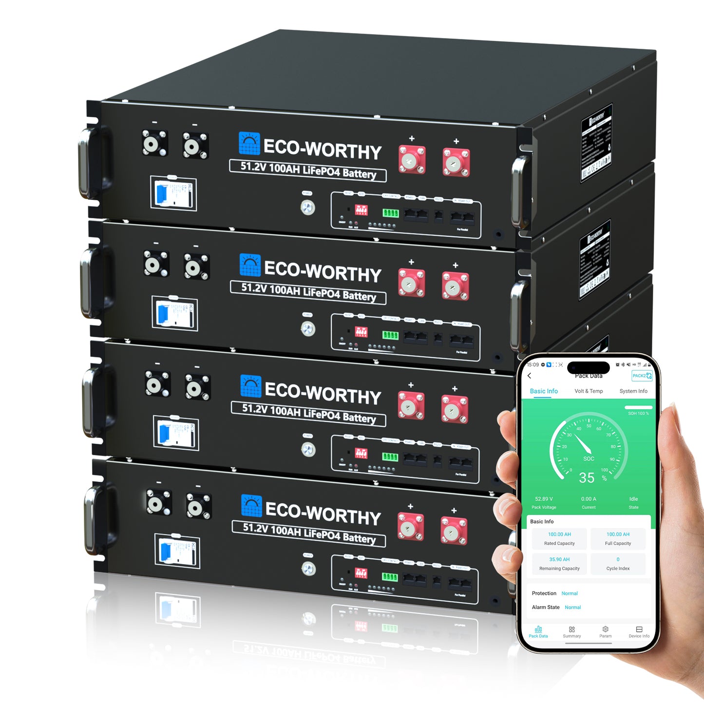 Batteria per server rack da 48V (51,2V) 100Ah, batteria al litio da 5,12kWh, formato 3U, con Bluetooth e Wi-Fi