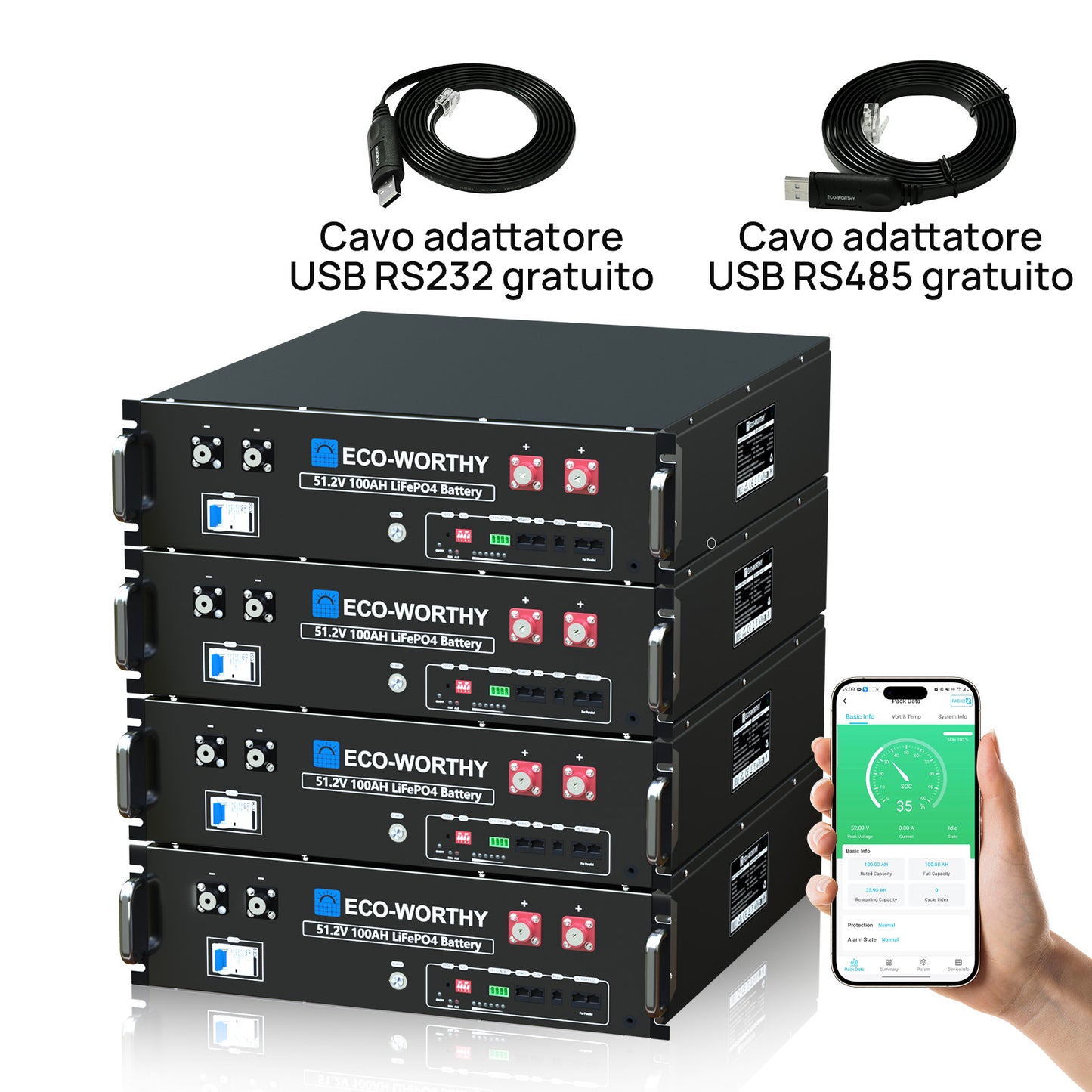 Batteria per server rack da 48V (51,2V) 100Ah, batteria al litio da 5,12kWh, formato 3U, con Bluetooth e Wi-Fi