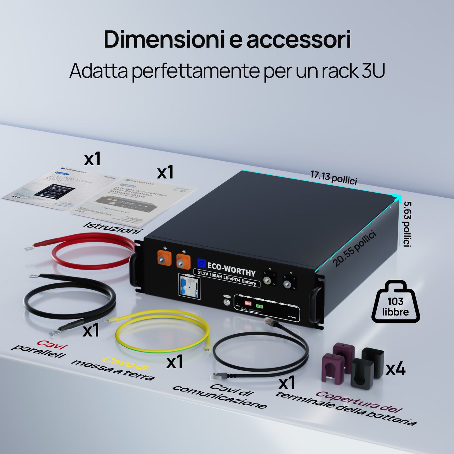 Batteria per server rack da 48V (51,2V) 100Ah, batteria al litio da 5,12kWh, formato 3U, con Bluetooth e Wi-Fi【Versione 3】