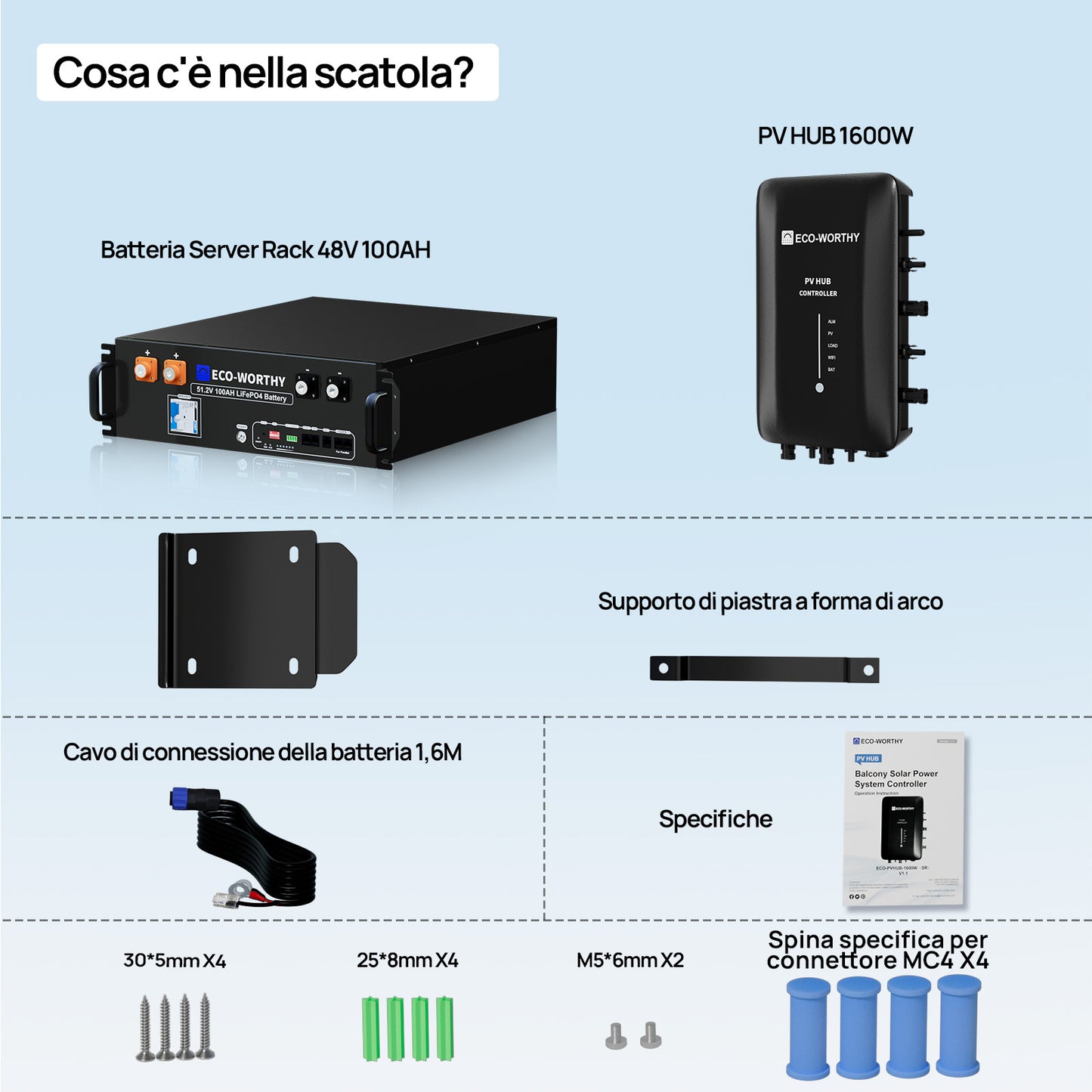 Kit solare per balcone da 1720W con batteria LiFePO4 da 48V 100Ah e mozzo da 1600W | ECO-WORTHY