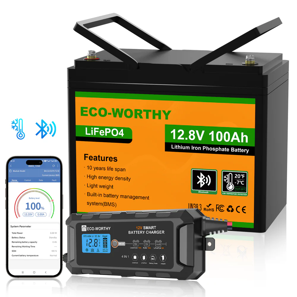 Batteria al litio LiFePO4 12V 100Ah con Bluetooth e protezione dalle basse temperature