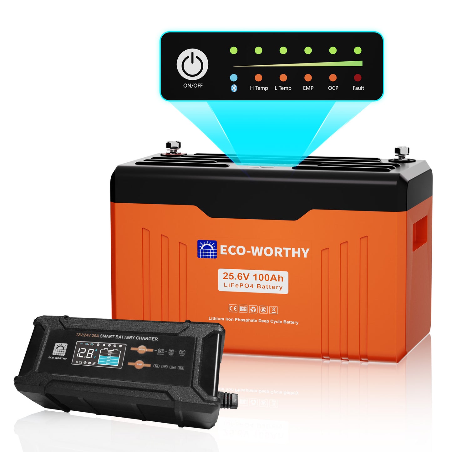 Batteria al litio Bluetooth LiFePO4 da 24V e 100 Ah con protezione dalle basse temperature, luce LED SOC e BMS da 100 A