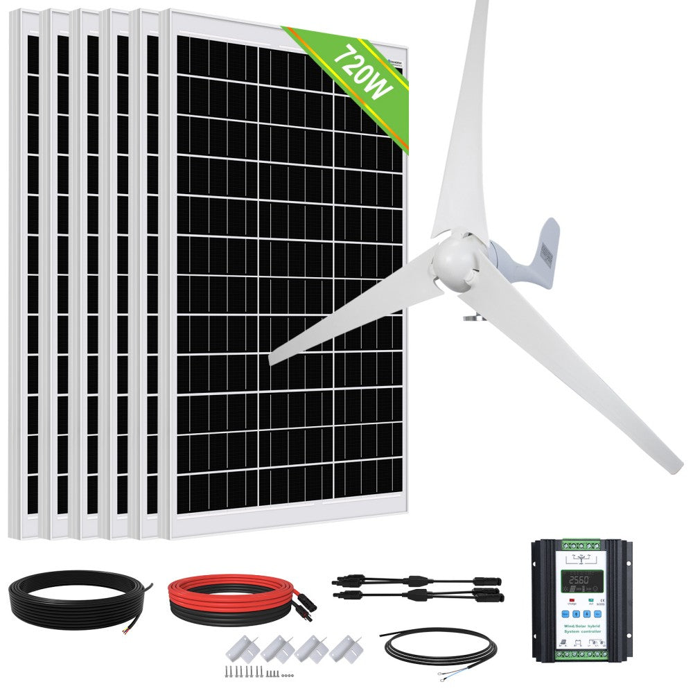 1120W 24V (400W Wind+6x120W Solar) Kit solare eolico ibrido con inverter da  1.5kW+Batterie al litio 2.4kWh