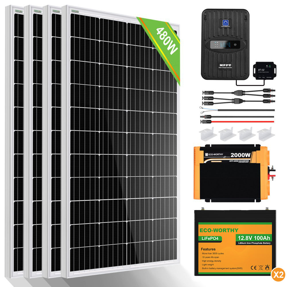 480W 12V (4x120W) Komplettes Solarsystem mit 1,2kWh Lithiumspeicher + 1,1kW Wechselrichter