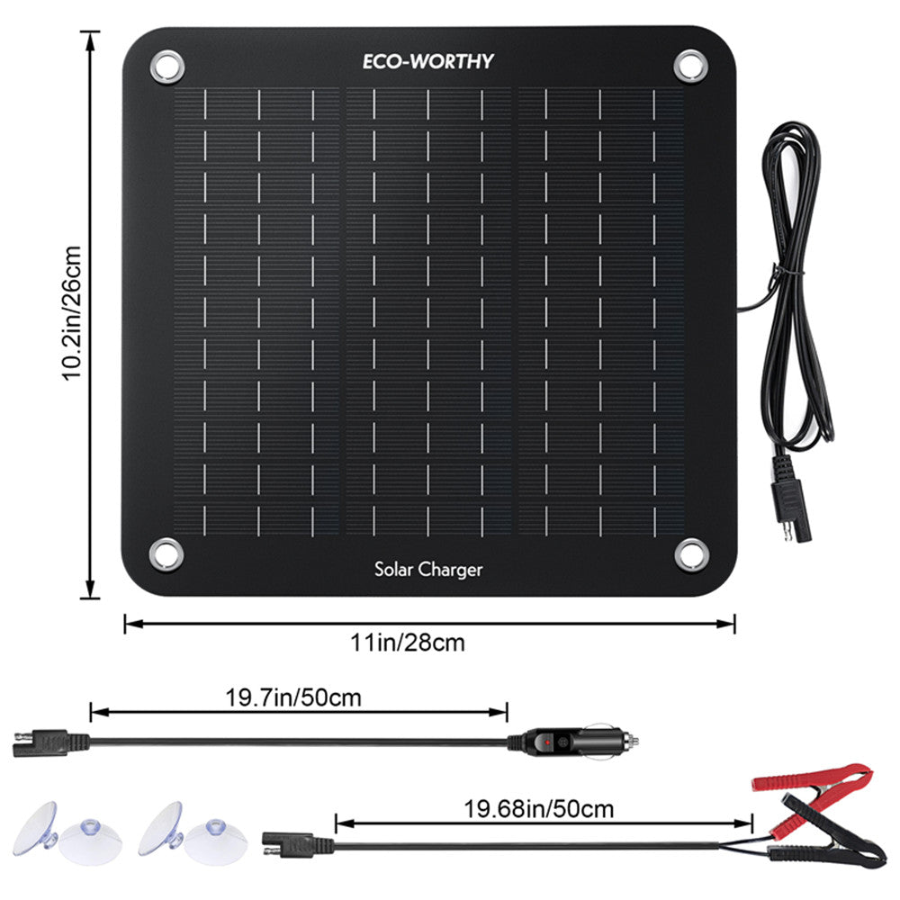 5Wp 10Wp Tragbares Solar-Erhaltungsladegerät für 12V-Batterien in Auto & Boot | ECO-WORTHY