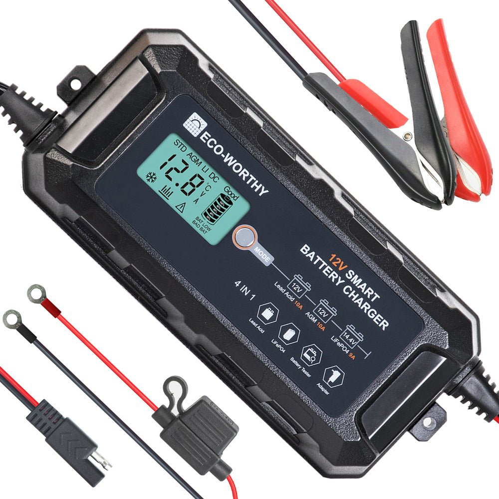 Caricabatteria intelligente automatico da 5A e 10A 12V con display LCD per batterie al litio (LiFePO4) - eco - worthy - it