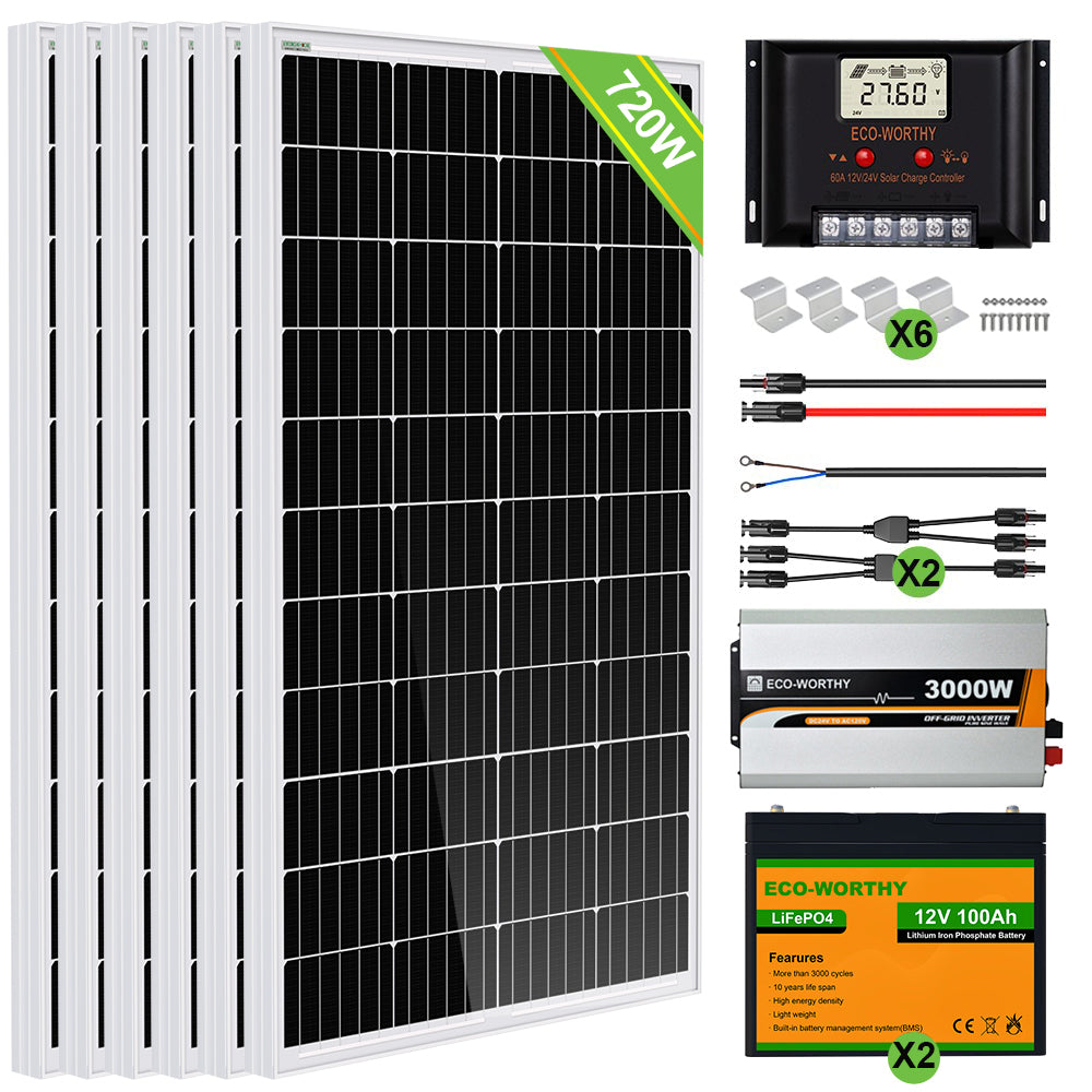 720W 24V (6x120W) Sistema solare completo con memoria al litio da 2.4kWh+inverter da 3kW
