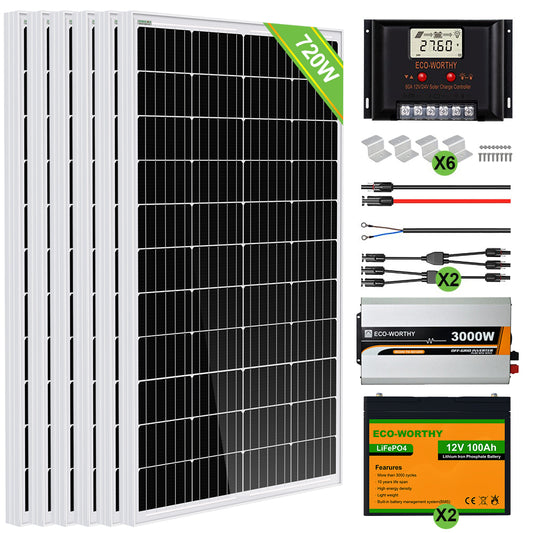 720W 24V (6x120W) Sistema solare completo con memoria al litio da 2.4kWh+inverter da 3kW