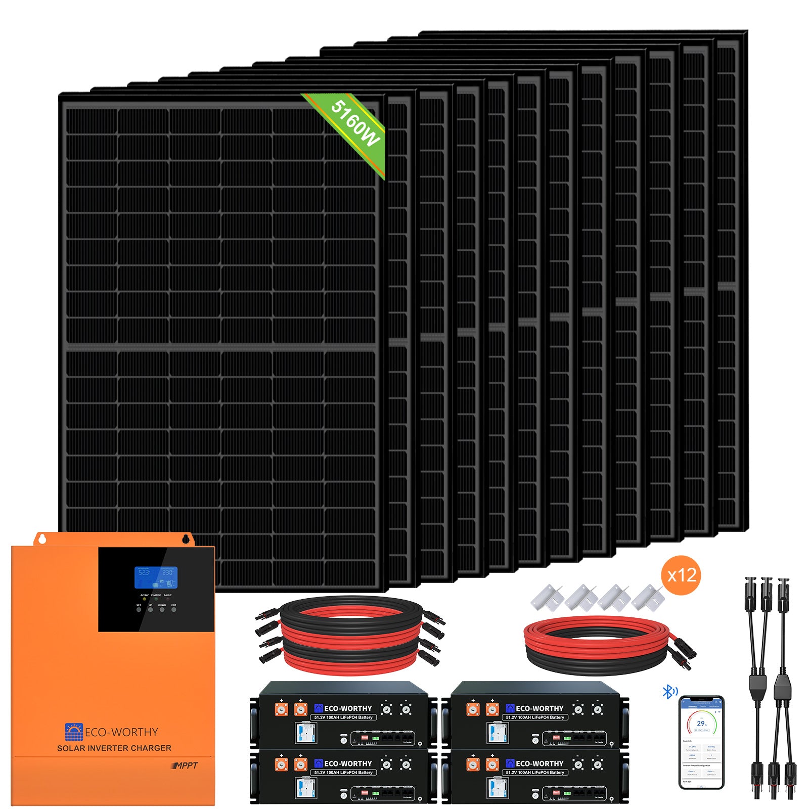 1700W 24V (10x170W) Komplettes MPPT-Solarsystem mit 4,8kWh Lithiumspeicher + 3kW Wechselrichter