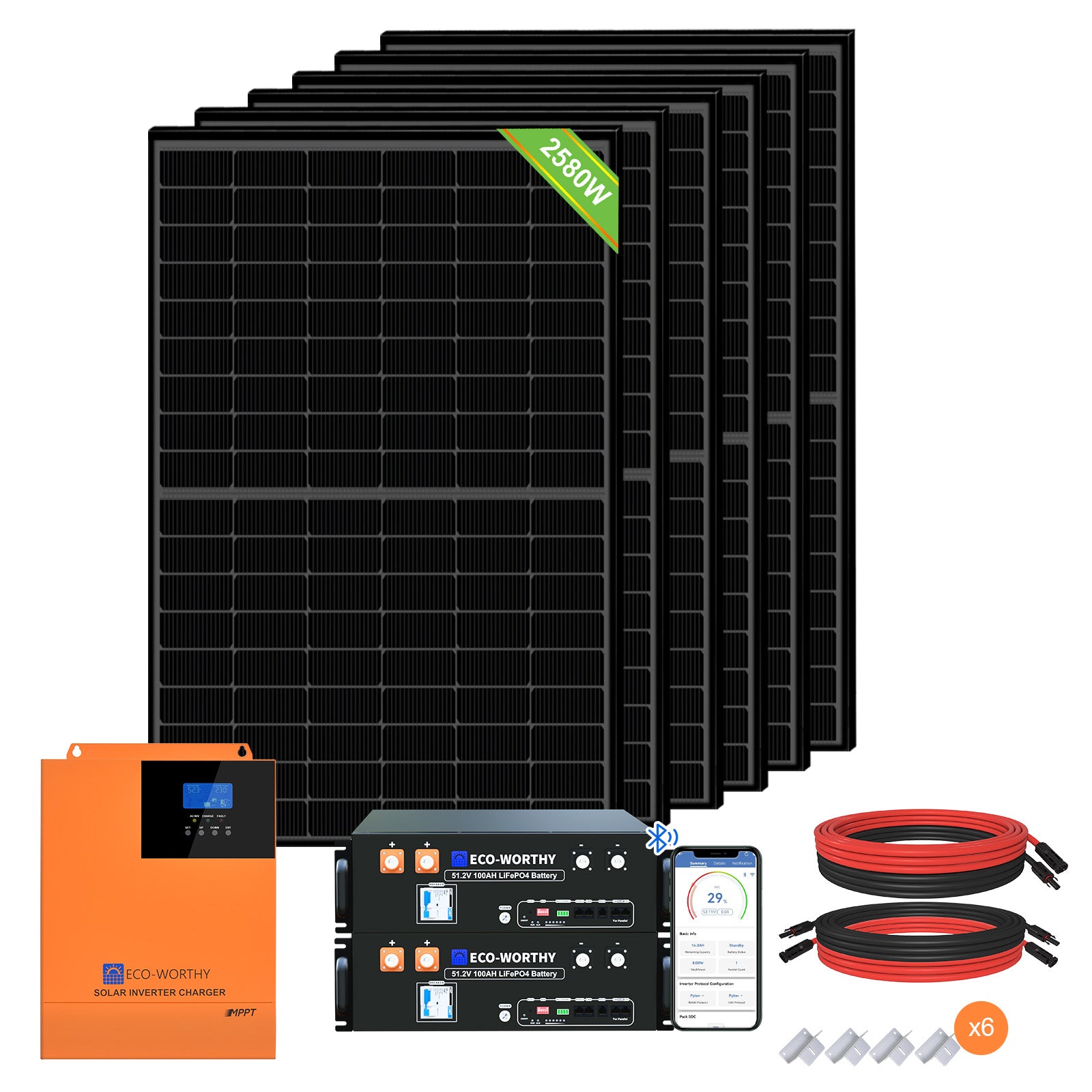 1700W 24V (10x170W) Komplettes MPPT-Solarsystem mit 4,8kWh Lithiumspeicher + 3kW Wechselrichter