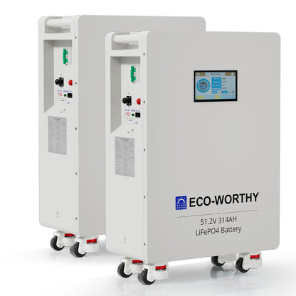 Batteria LiFePO4 ECO-WORTHY 51.2V 314Ah bianca con display LCD e rotelle su sfondo bianco.