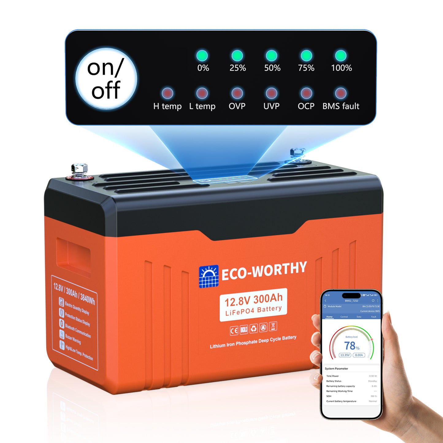 Batteria al litio LiFePO4 12V 300Ah ECO-WORTHY Bluetooth con display, BMS 200A