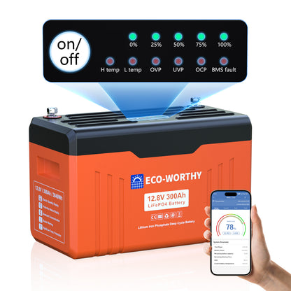 Batteria al litio LiFePO4 12V 300Ah ECO-WORTHY Bluetooth con display, BMS 200A