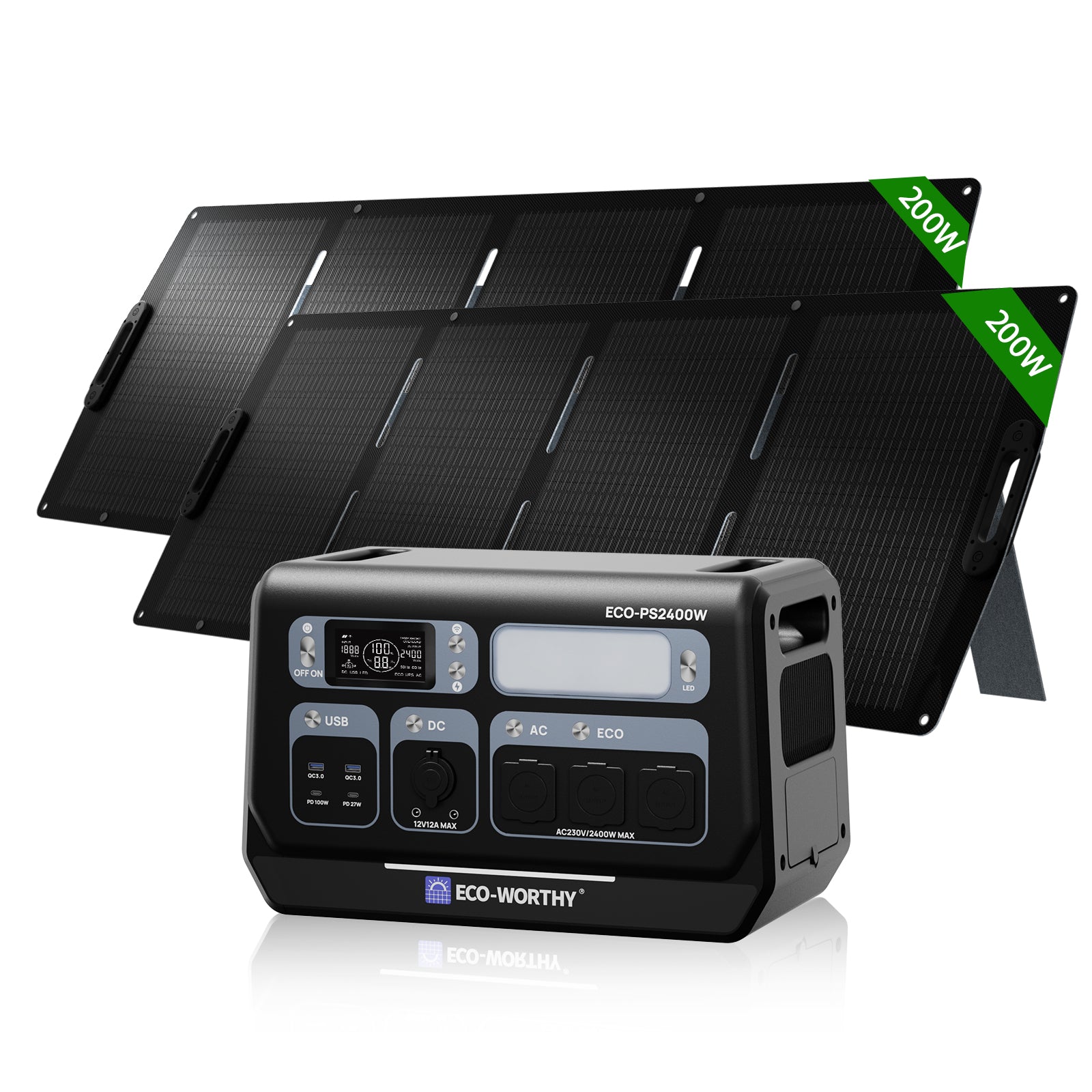Combo energetica con generatore solare da 2400W e due pannelli solari pieghevoli per massima autonomia.