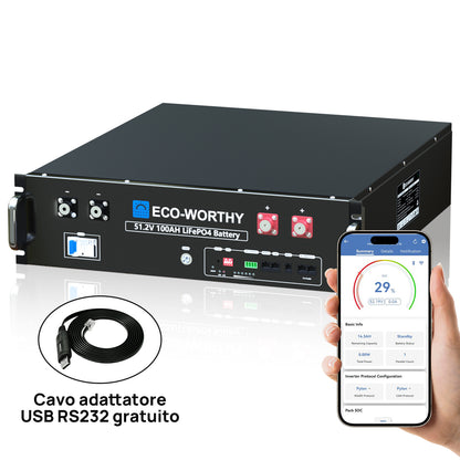 Batteria per server rack da 48V (51,2V) 100Ah, batteria al litio da 5,12kWh, formato 3U, con Bluetooth e Wi-Fi