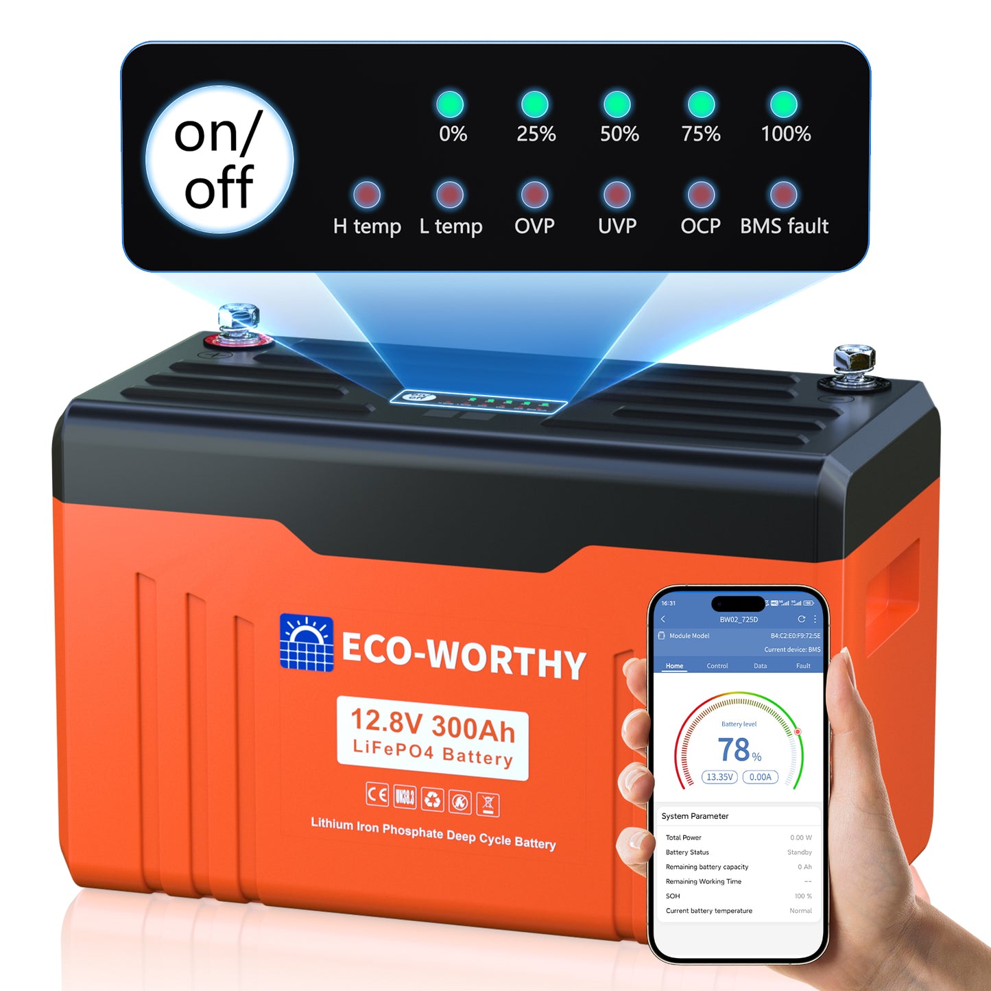 Batteria al litio LiFePO4 12V 300Ah ECO-WORTHY Bluetooth con display, BMS 200A