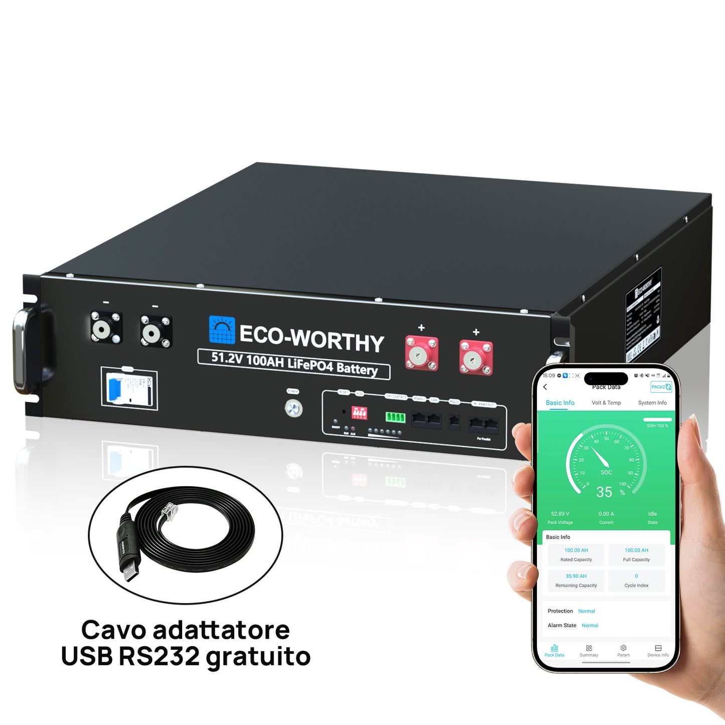 Batteria per server rack da 48V (51,2V) 100Ah, batteria al litio da 5,12kWh, formato 3U, con Bluetooth e Wi-Fi