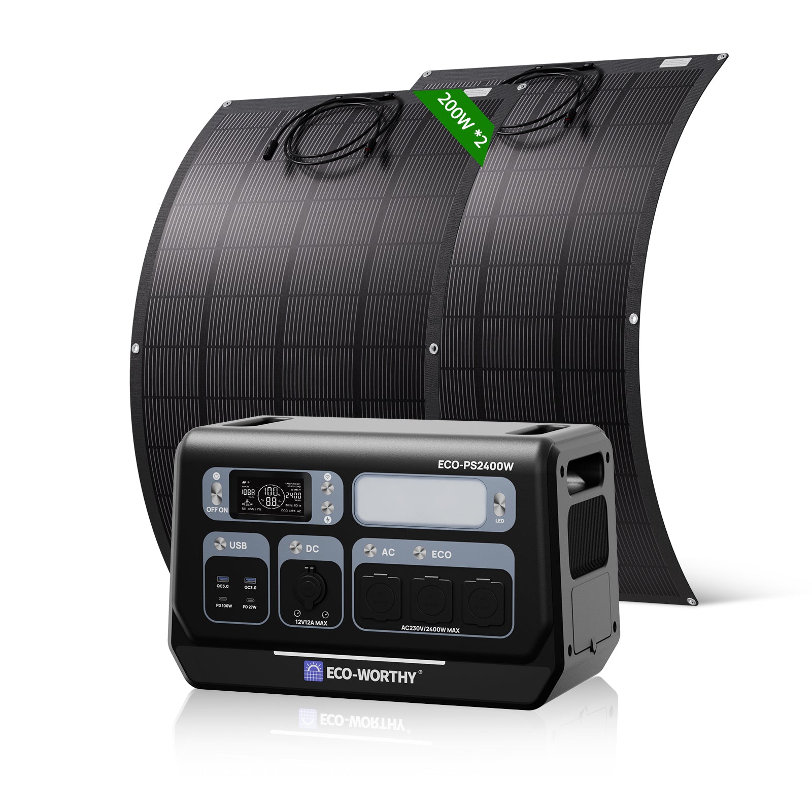 Kit solare portatile composto da stazione ECO-PS2400W e pannello solare pieghevole ad alta efficienza.