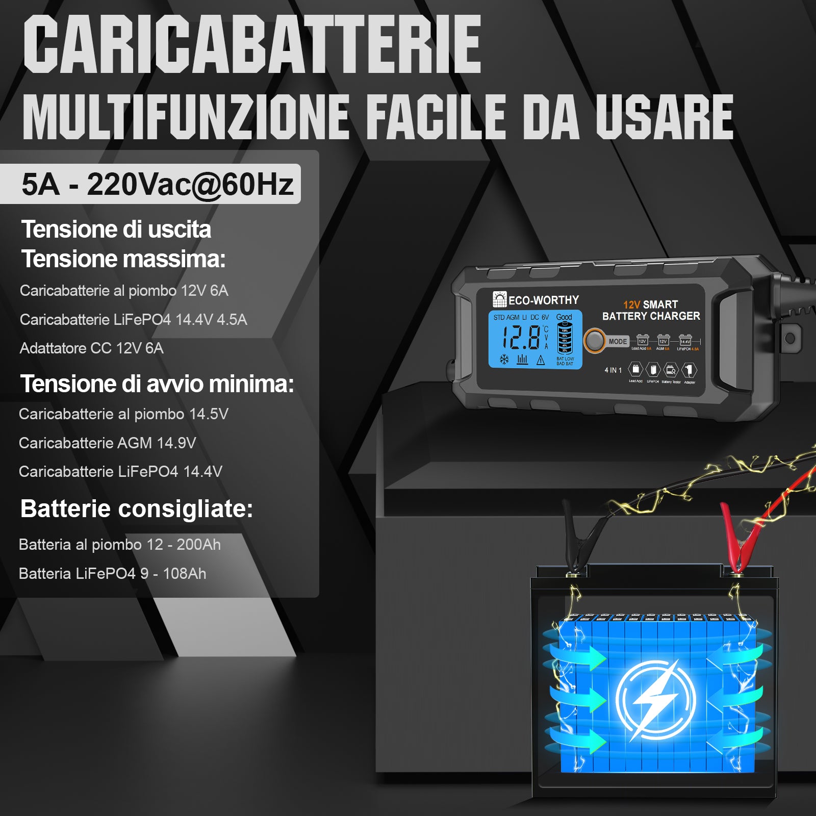 5A und 10A 12V automatisches intelligentes Batterieladegerät mit LCD-Display für Blei-Säure- und Lithium-Batterien (LiFePO4). 