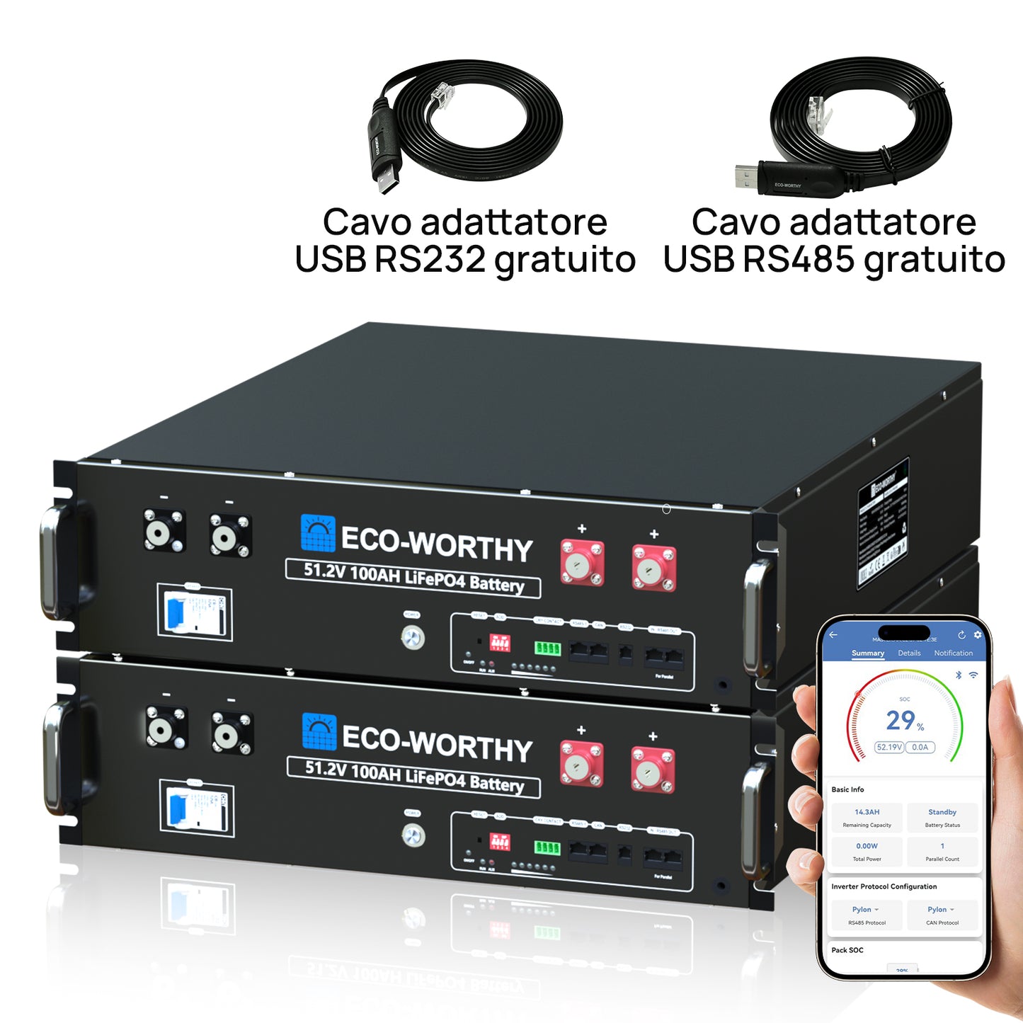 Batteria per server rack da 48V (51,2V) 100Ah, batteria al litio da 5,12kWh, formato 3U, con Bluetooth e Wi-Fi