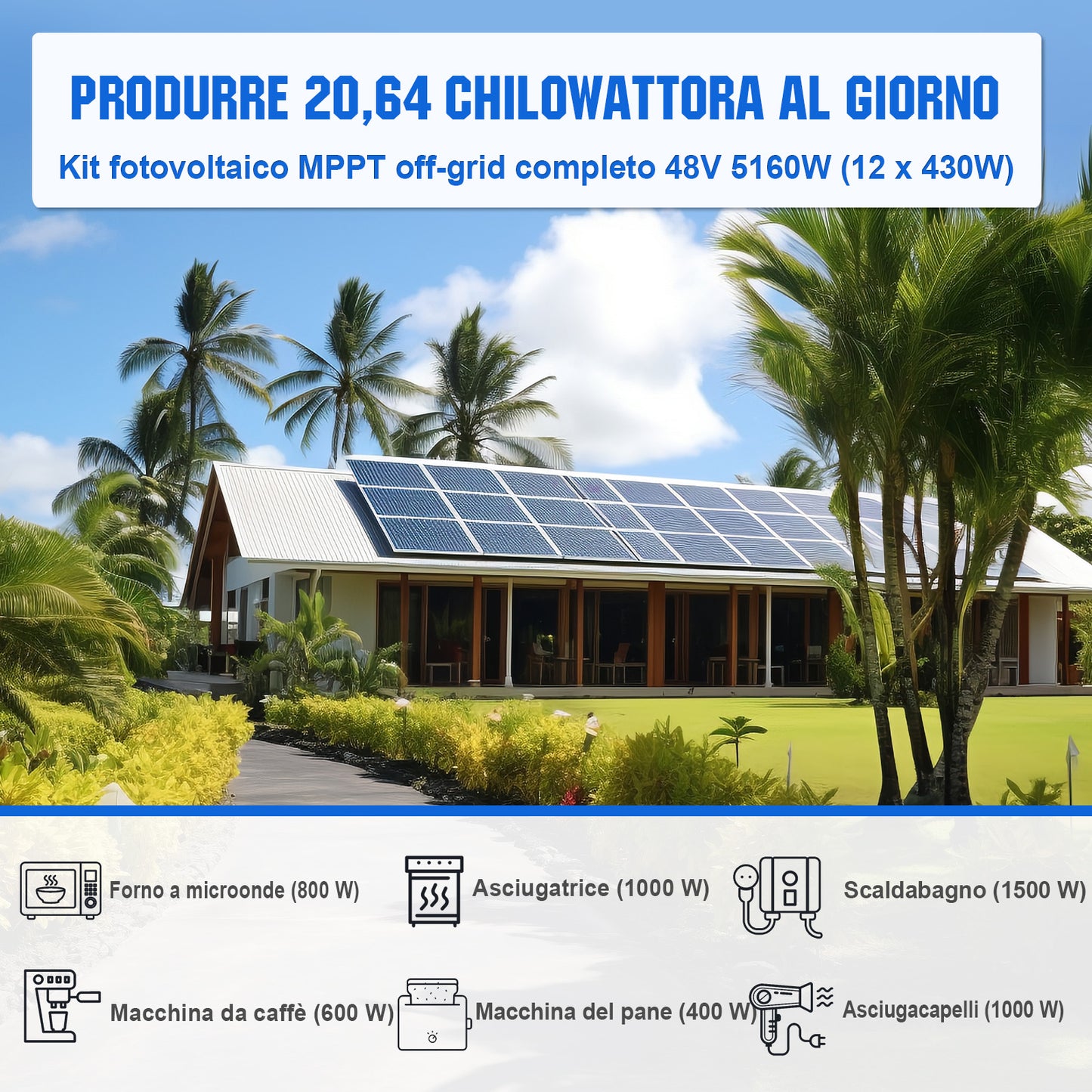 Kit Solare Off-Grid MPPT Completo da 48V 5160W (12x 430W)