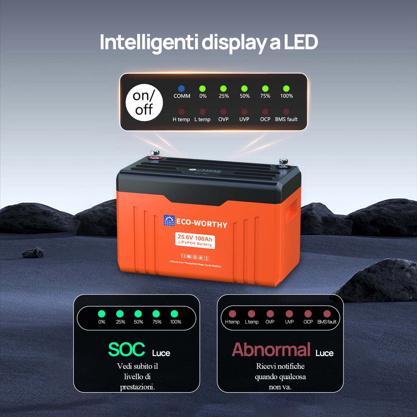 Batteria al litio Bluetooth LiFePO4 da 24 V e 100 Ah con protezione dalle basse temperature, luce LED SOC e BMS da 100 A