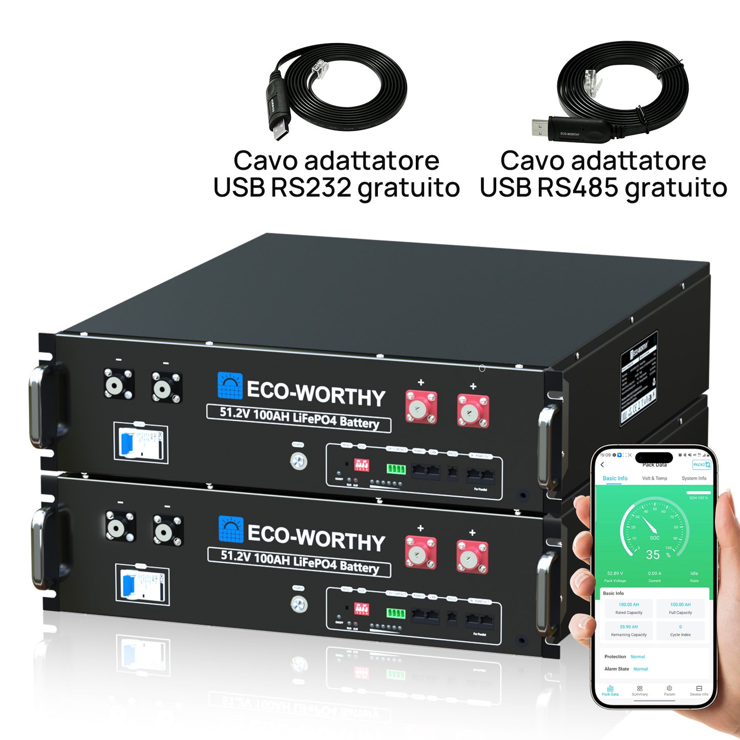 Batteria per server rack da 48V (51,2V) 100Ah, batteria al litio da 5,12kWh, formato 3U, con Bluetooth e Wi-Fi