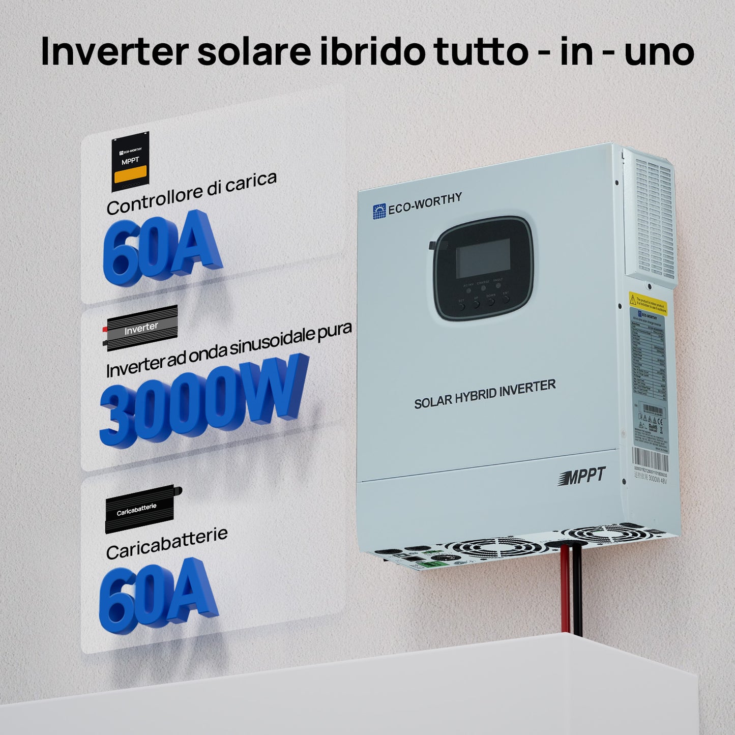 ECO-WORTHY Inverter/Caricabatterie Solare All-in-One 48V 3000W | MPPT 60A, Ingresso FV 3400W