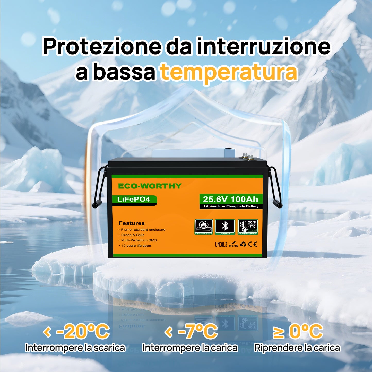 Batteria al litio Lifepo4 da 24V e 100Ah con Bluetooth e protezione dalle basse temperature