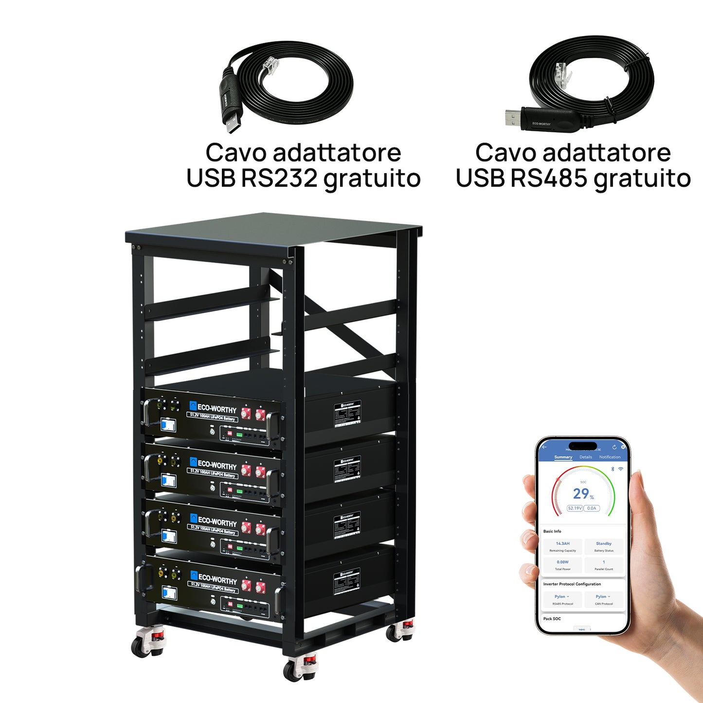 Batteria per server rack da 48V (51,2V) 100Ah, batteria al litio da 5,12kWh, formato 3U, con Bluetooth e Wi-Fi
