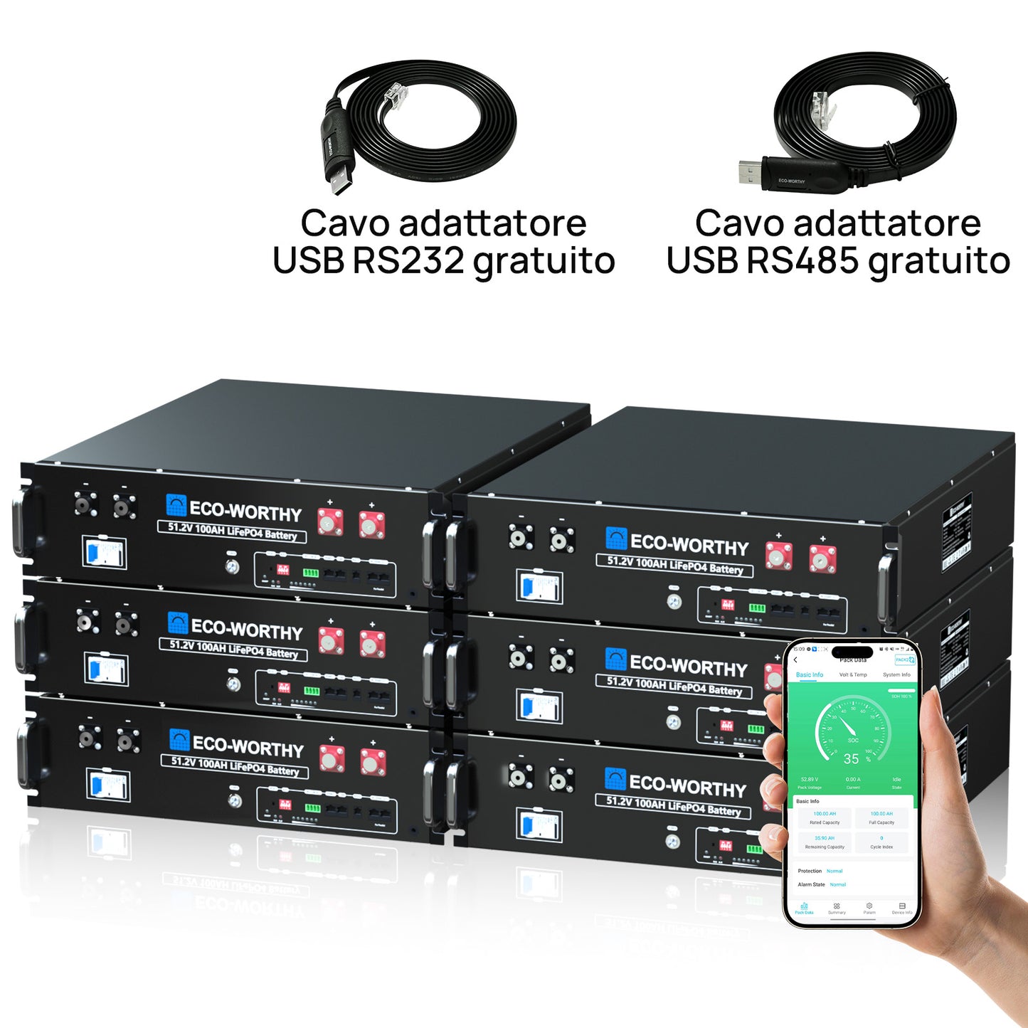 Batteria per server rack da 48V (51,2V) 100Ah, batteria al litio da 5,12kWh, formato 3U, con Bluetooth e Wi-Fi