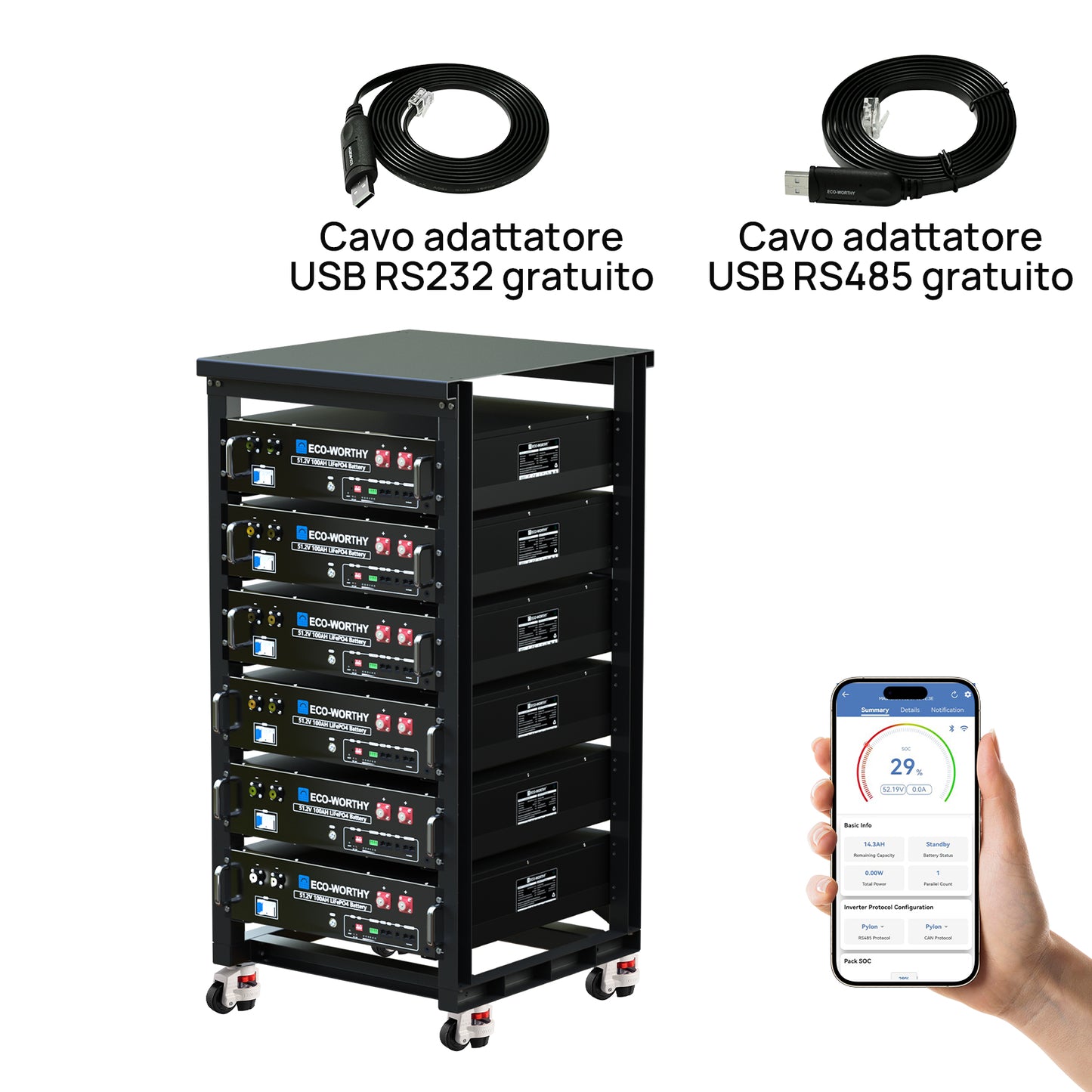 Batteria per server rack da 48V (51,2V) 100Ah, batteria al litio da 5,12kWh, formato 3U, con Bluetooth e Wi-Fi
