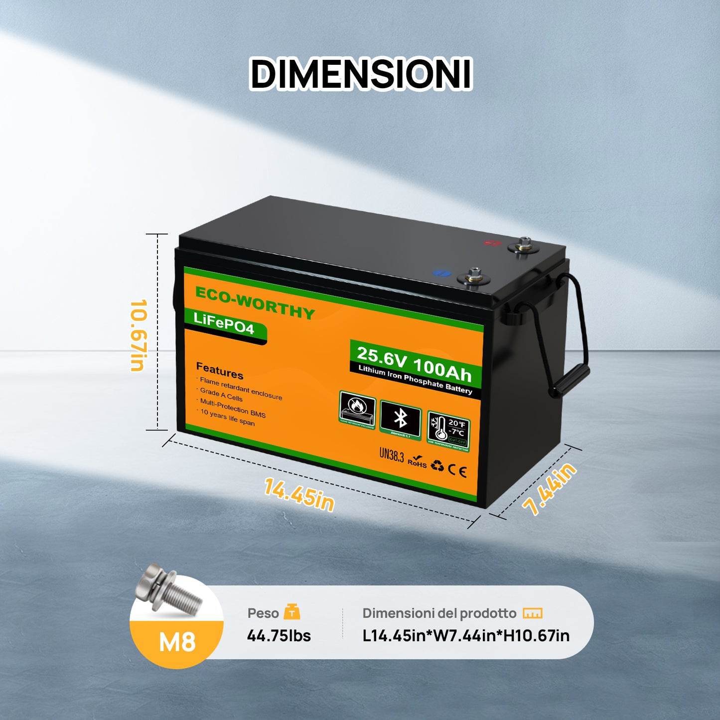 Batteria al litio Lifepo4 da 24V e 100Ah con Bluetooth e protezione dalle basse temperature