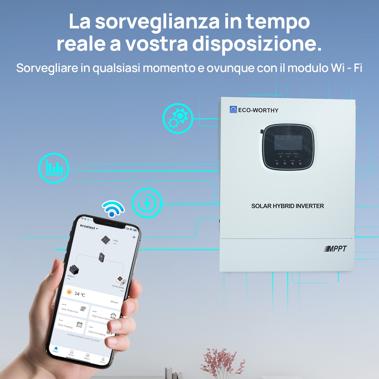 ECO-WORTHY Inverter/Caricabatterie Solare All-in-One 48V 3000W | MPPT 60A, Ingresso FV 3400W