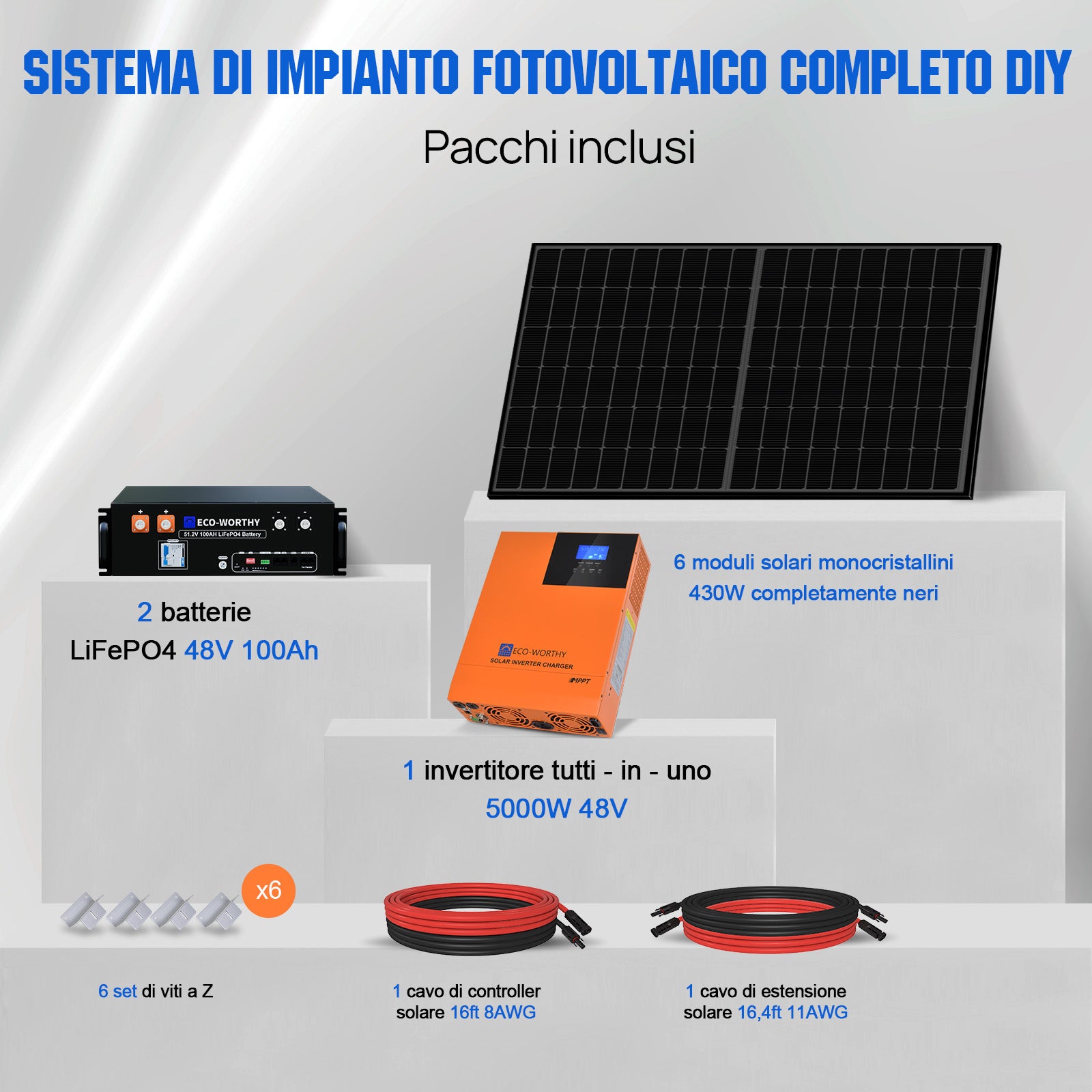 1700W 24V (10x170W) Komplettes MPPT-Solarsystem mit 4,8kWh Lithiumspeicher + 3kW Wechselrichter