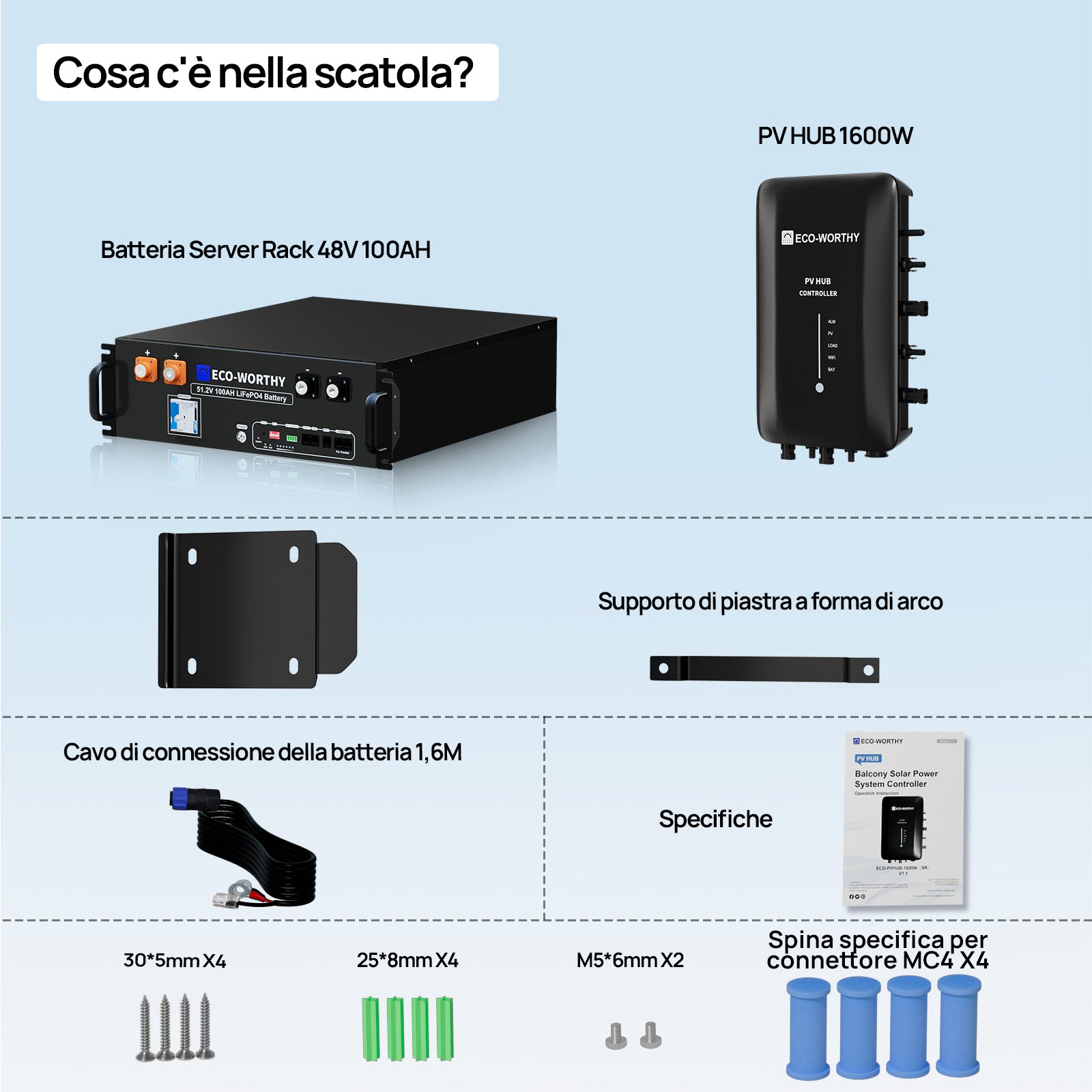Kit solare per balcone da 1720W con batteria LiFePO4 da 48V 100Ah e mozzo da 1600W | ECO-WORTHY