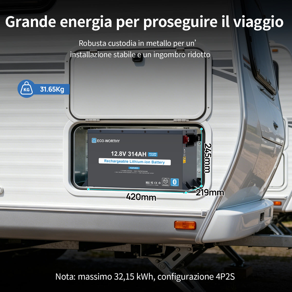 ECO- WORTHYBatteria Bluetooth al litio Lifepo4 EnergyRock 12V 314Ah