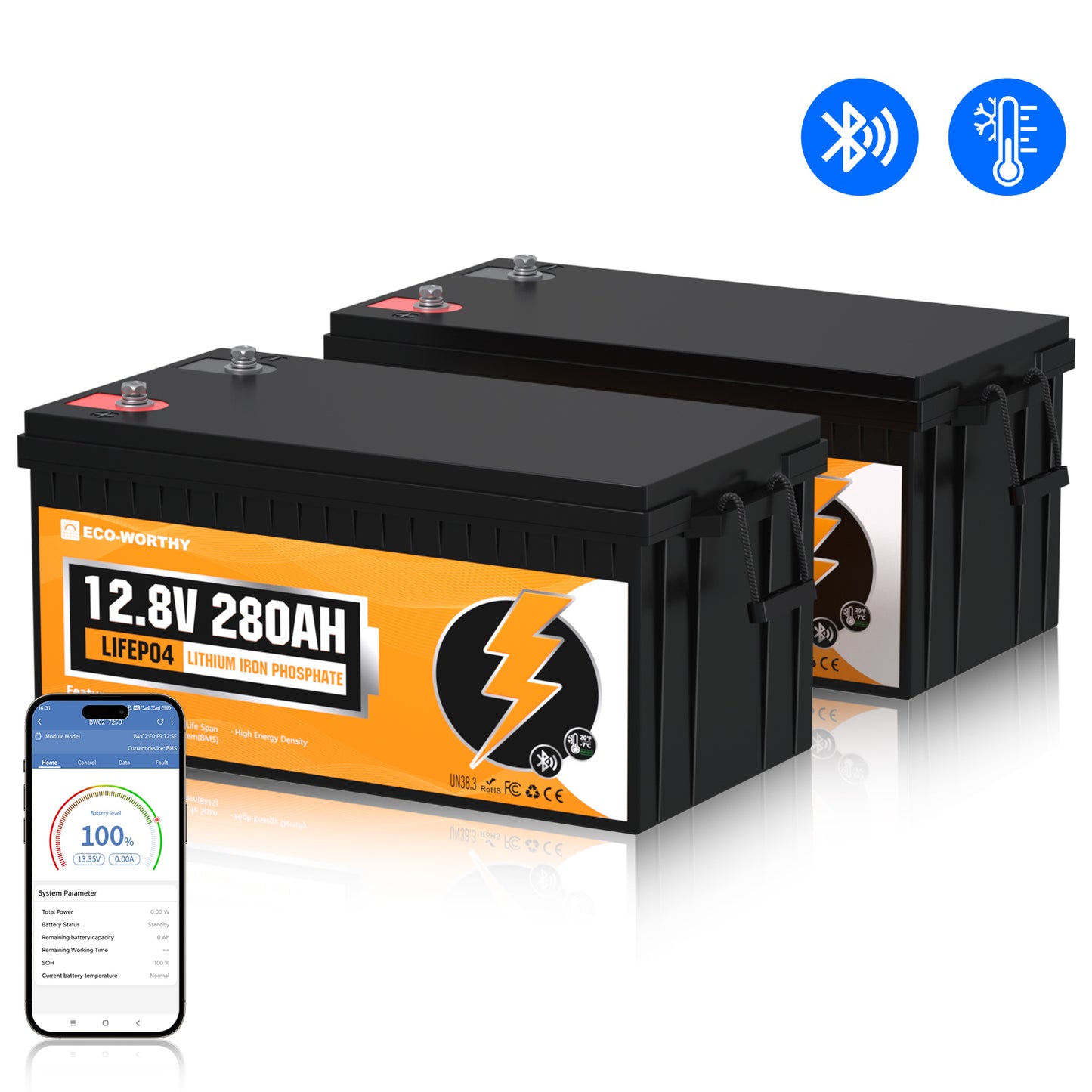 Set di due batterie LiFePO4 12.8V 280Ah con icone Bluetooth e protezione basse temperature in evidenza.