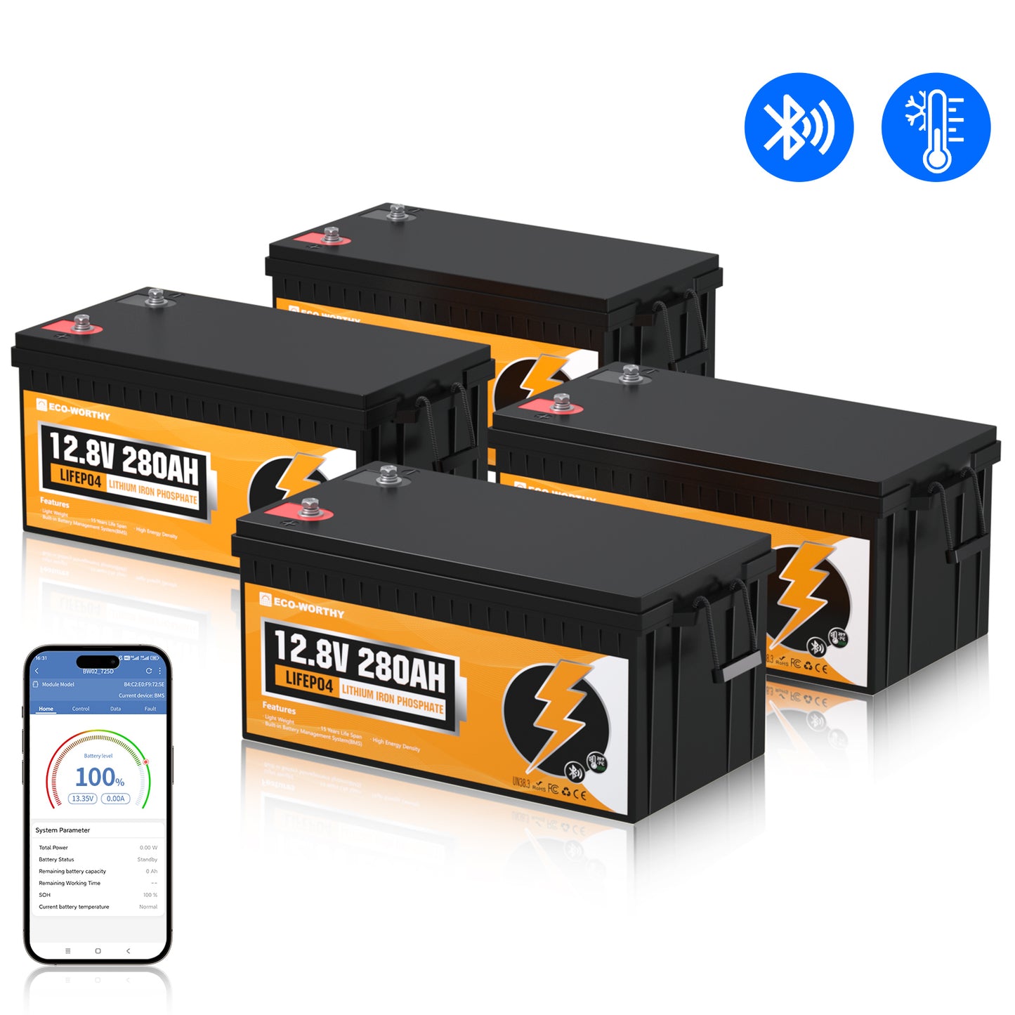 Set di 4 batterie LiFePO4 ECO-WORTHY 12.8V 280Ah con monitoraggio app Bluetooth e icone protezione termica.
