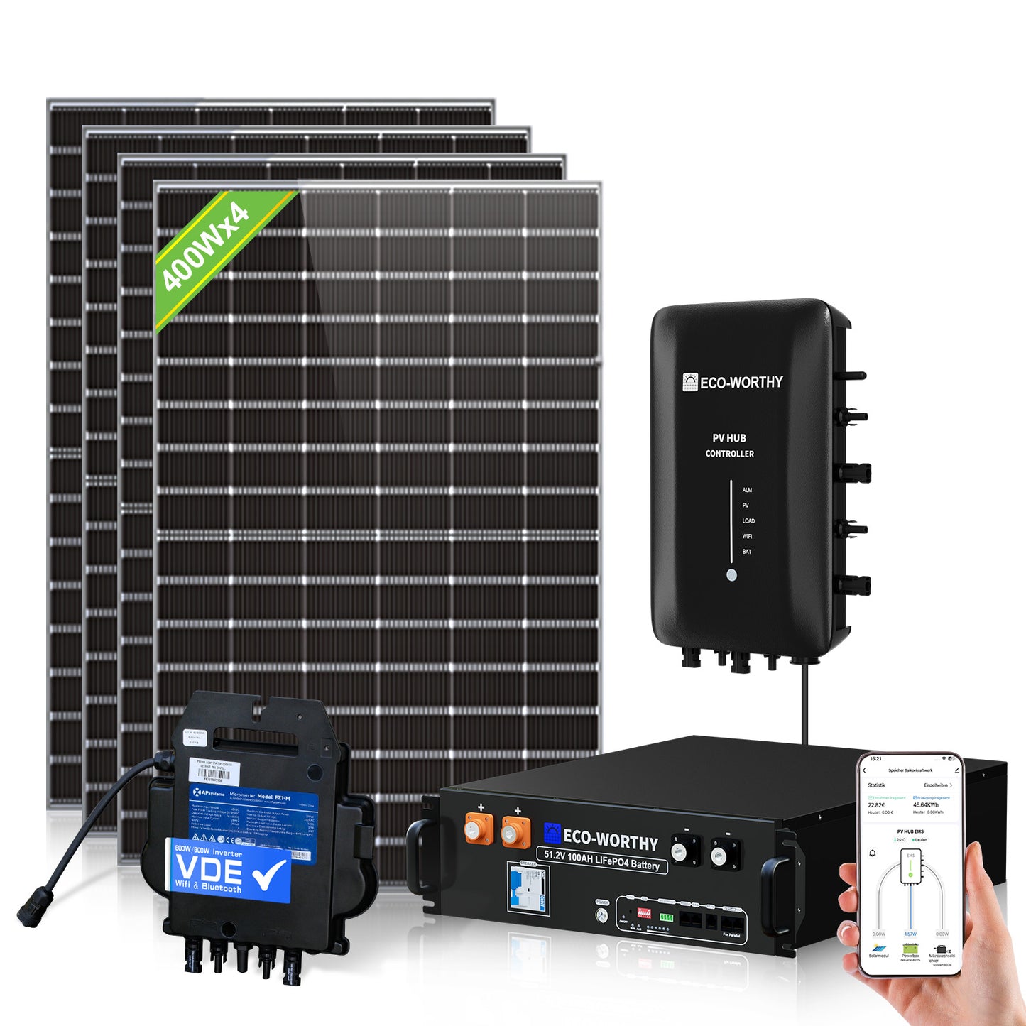 Kit solare per balcone da 1720W con batteria LiFePO4 da 48V 100Ah e mozzo da 1600W | ECO-WORTHY