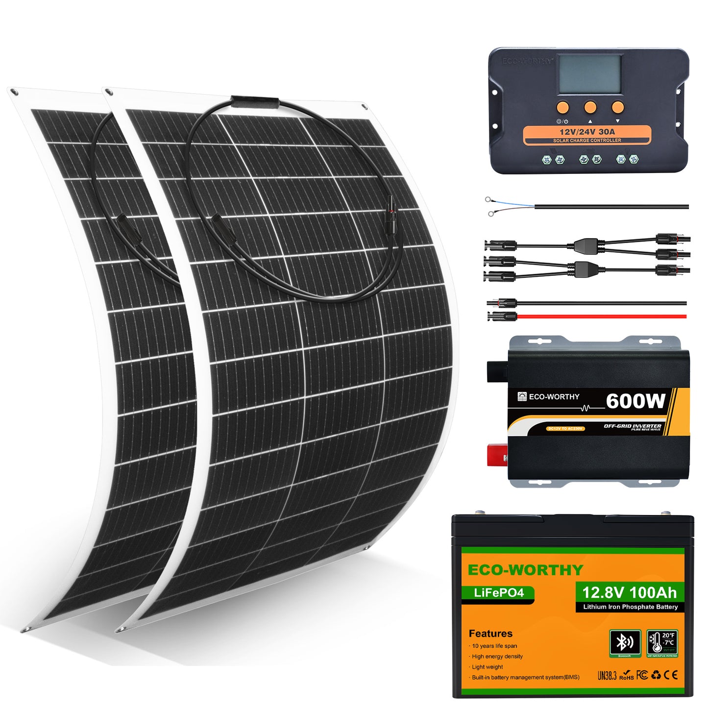 130W 260W 390W 520W 12V Sistema solare completo con 130W 12V Pannello Solare Semi-Flessibile + Batterie al litio