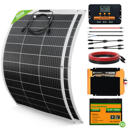 130W 260W 390W 520W 12V Sistema solare completo con 130W 12V Pannello Solare Semi - Flessibile + Batterie al litio - eco - worthy - it