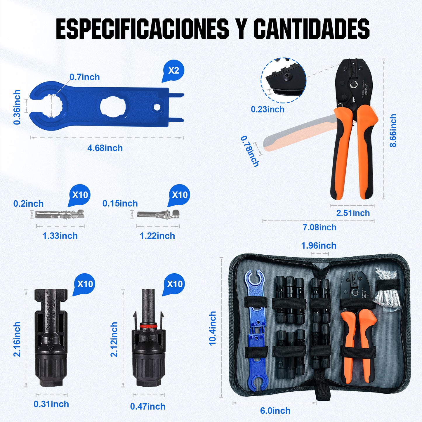 Kit di utensili per crimpatura solare, comprendente 10 paia di connettori e 2 chiavi per pannelli solari.