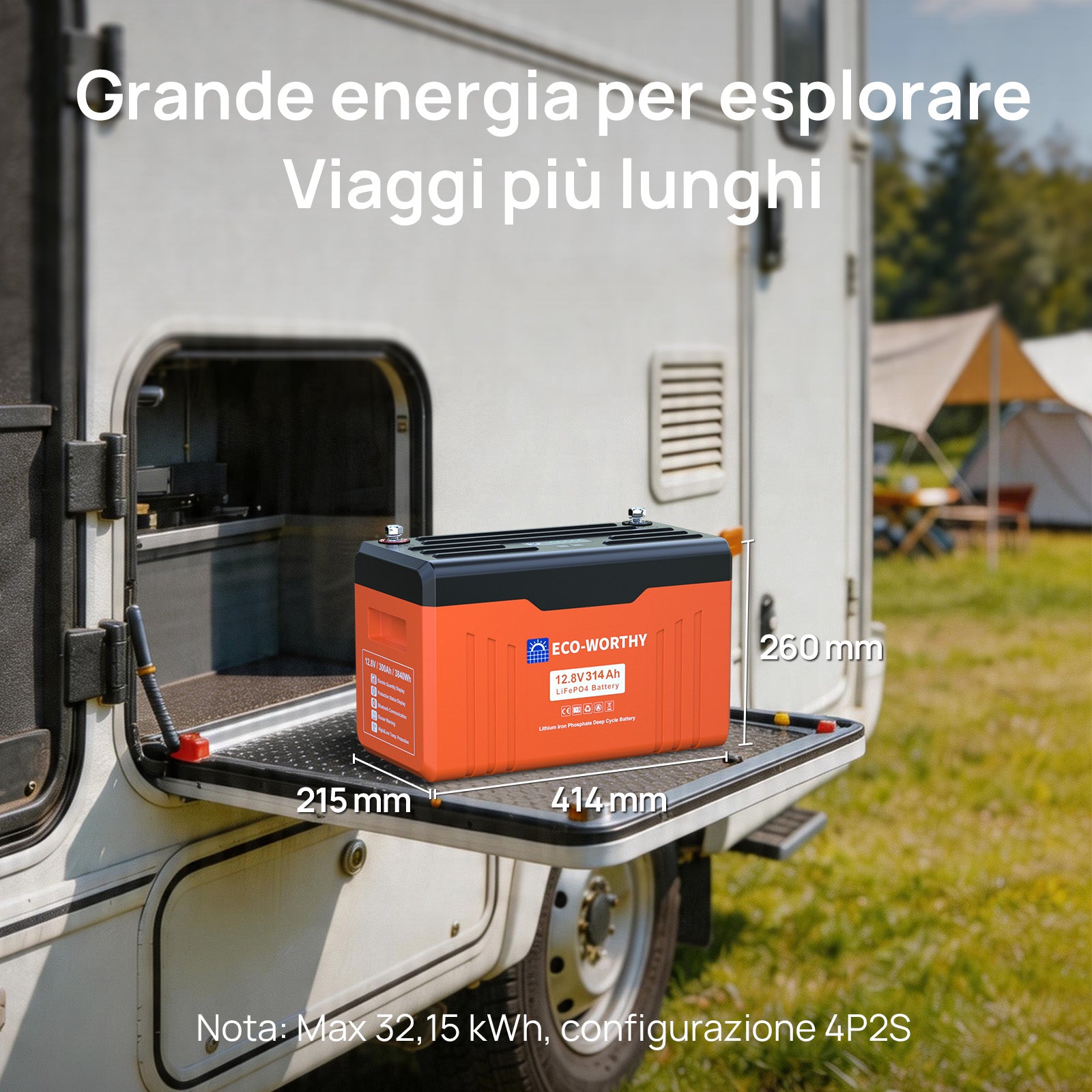 Dimensioni della batteria 314Ah (414x215x260mm) per installazione in vani camper e barche.