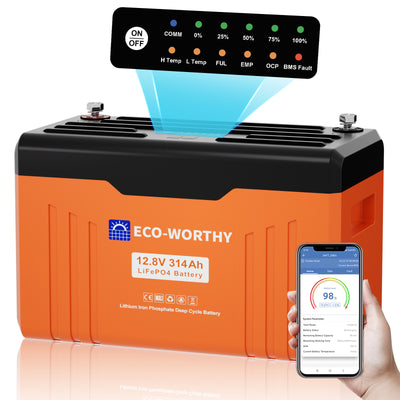 Batteria LiFePO4 314Ah con pannello LED di stato e monitoraggio tramite app su smartphone.