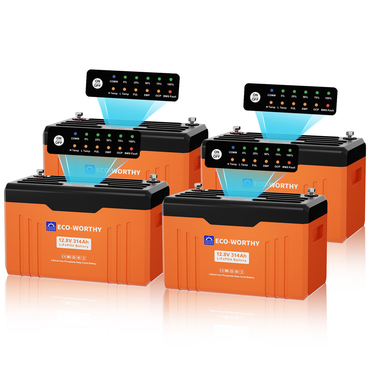 Batteria LiFePO4 314Ah con pannello LED di stato e monitoraggio tramite app su smartphone.