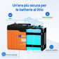 Vista interna della batteria con sistema BMS, allarme acustico e involucro ignifugo di sicurezza.