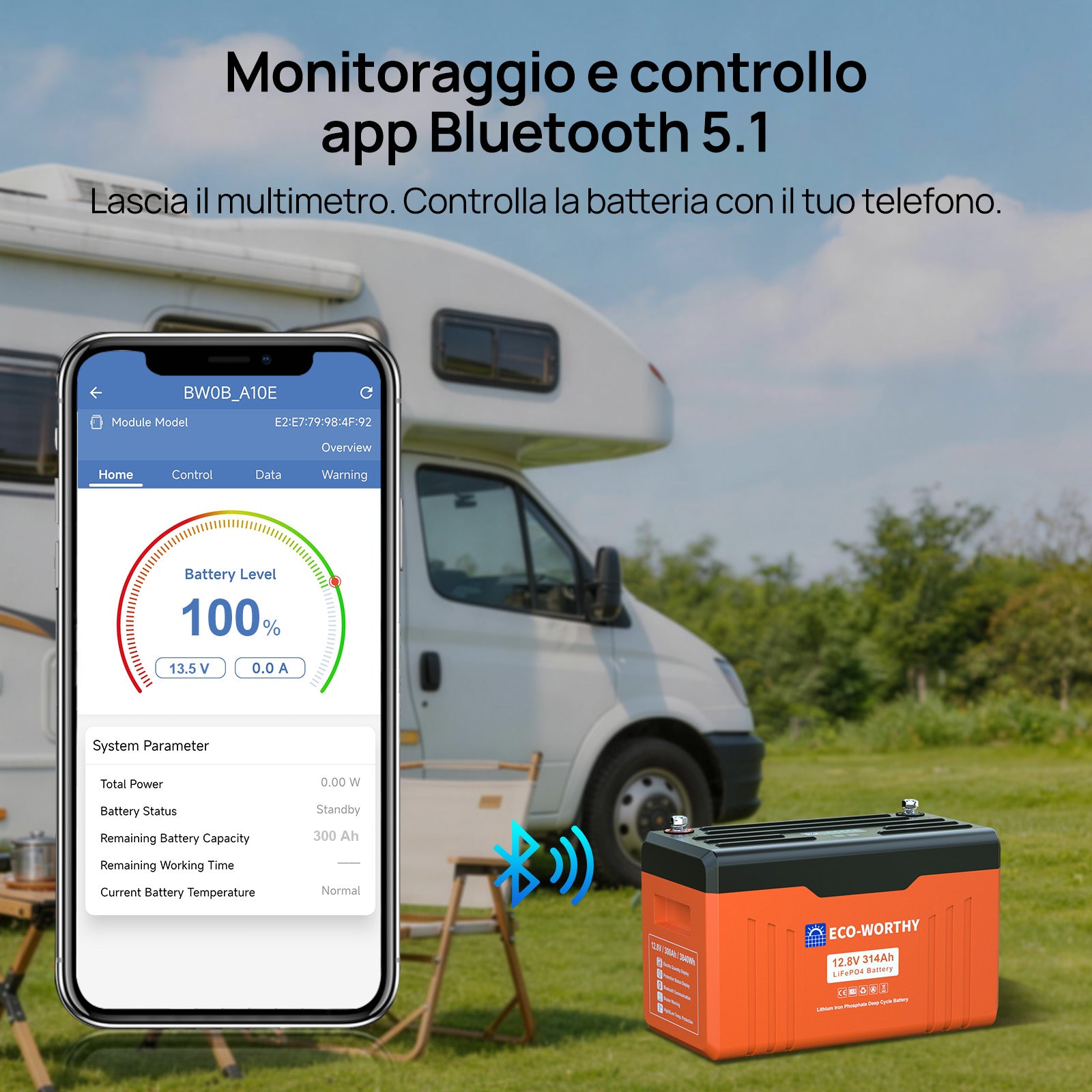 Monitoraggio remoto tramite App Bluetooth 5.1 per controllare lo stato della batteria da smartphone.