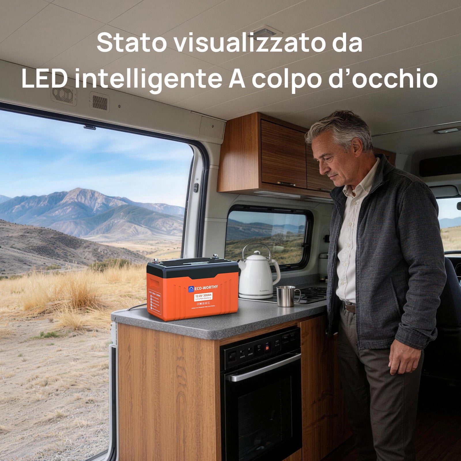 Batteria ECO-WORTHY installata in un camper con indicatori LED intelligenti per il controllo rapido.