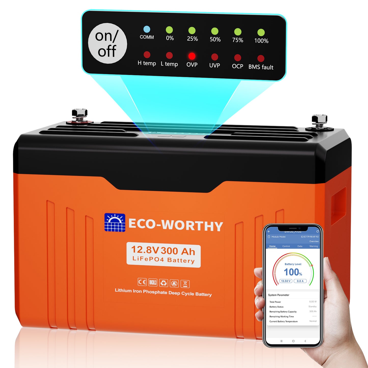 Batteria Bluetooth al litio Lifepo4 12V 300Ah ECO WORTHY con indicatore LED per SOC e livello della batteria